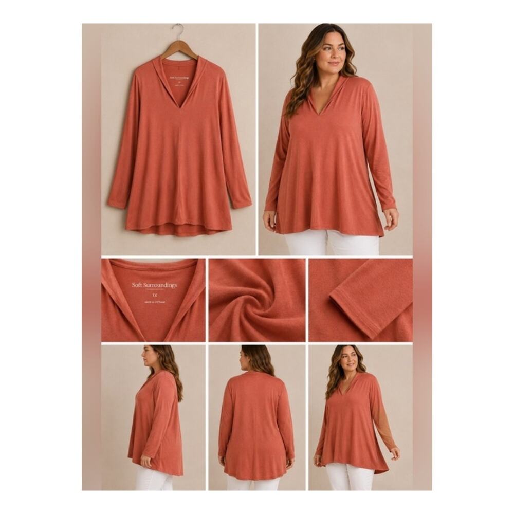 Soft Surroundings Top Womens Plus Size 1X Salmon Long Sleeve Pullover V-Neck Tun